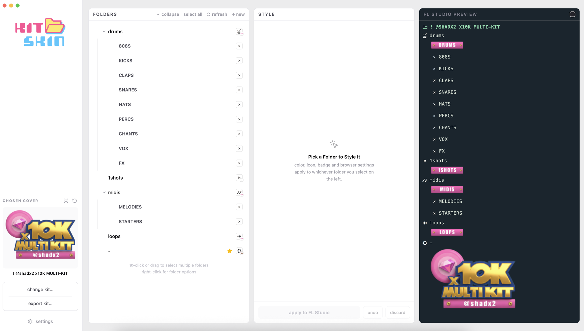 The KitSkin app: folder list, style panel and live FL Studio preview
